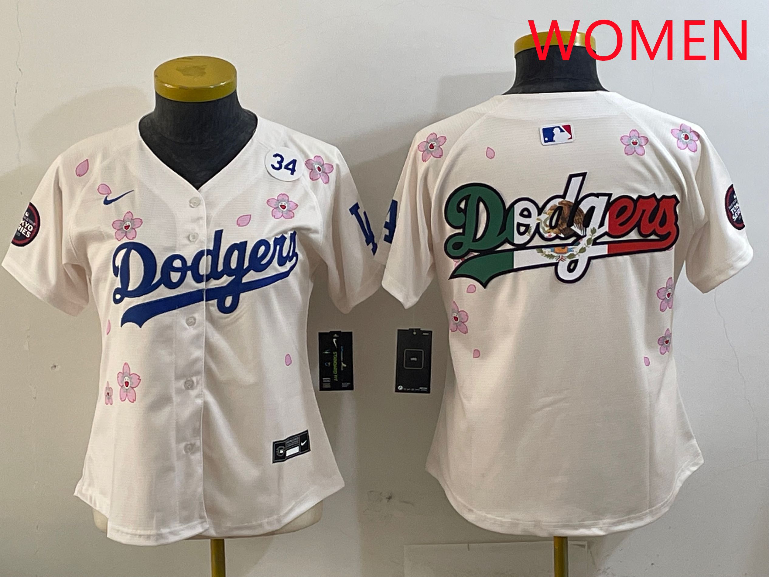 Women Los Angeles Dodgers Blank Cream Sakura Edition 2025 Nike MLB Jersey style 11->women mlb jersey->Women Jersey